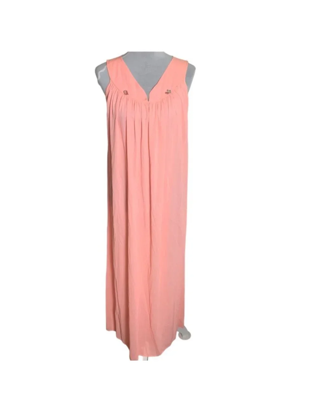 Peach Semi Sheer Maxi Nightgown VTG Size M 60s Floral Embroidered Sleeveless